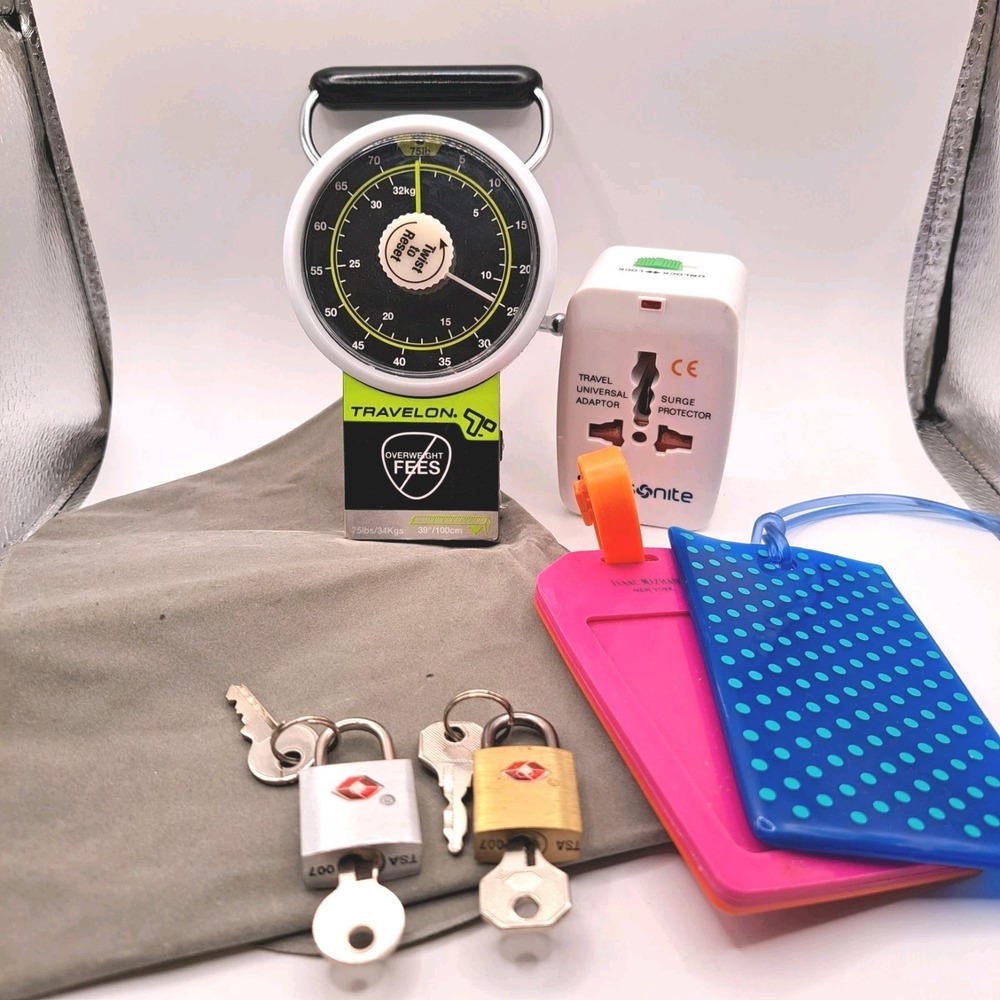Travel Lot: Luggage Locks & Tags x2, Electrical Adapter, Luggage Scale, Pillow